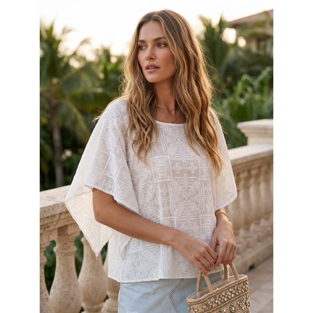 Joie Esparza Embroidered Voile Top Porcelain Off White Kimono Sleeve NWT XXS‎